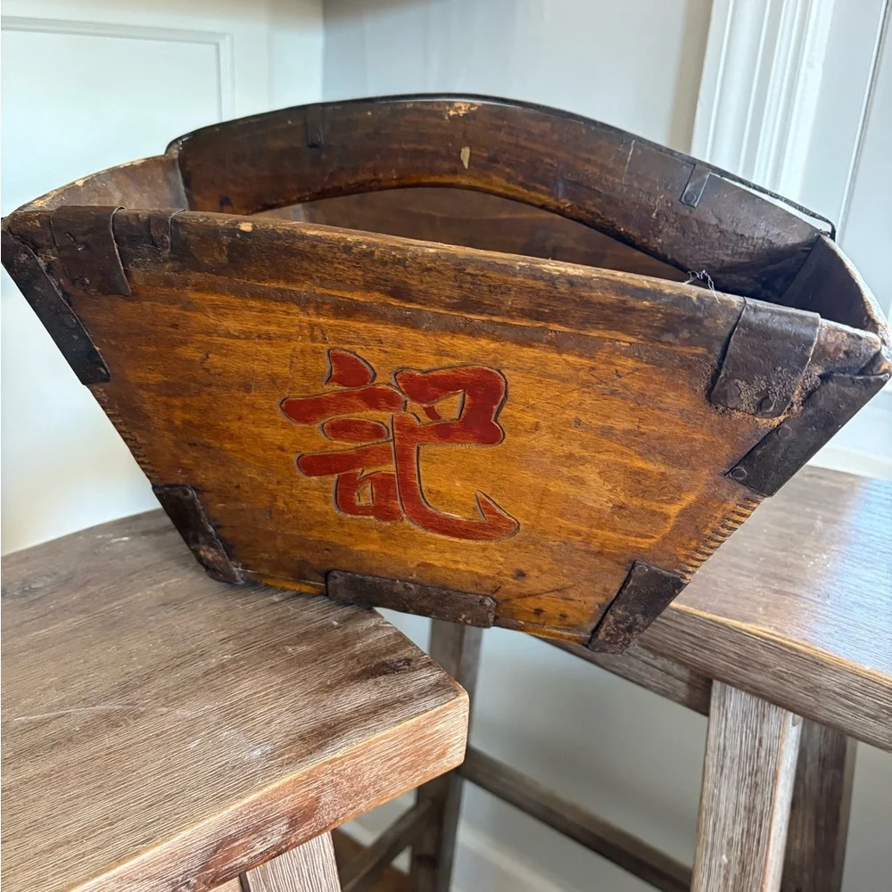 Antique LARGE Chinese Wooden IRON Rice gathering Grain Bucket